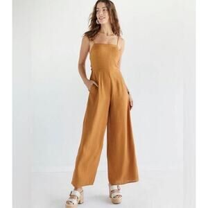 Audrey Francesca’s Camel Linen Blend Wide Leg Cropped Jumpsuit Size M